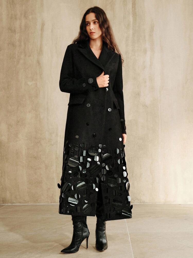 ANEWSTA Elegant High-End Fashion Shiny Sequin Long Overcoat