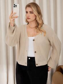 Auralis Suéter de punto cómodo y versátil con acento de moda de unicolor para mujer de talla grande, para otoño/invierno, suéter de invierno para mujeres - Caqui - Ver 3