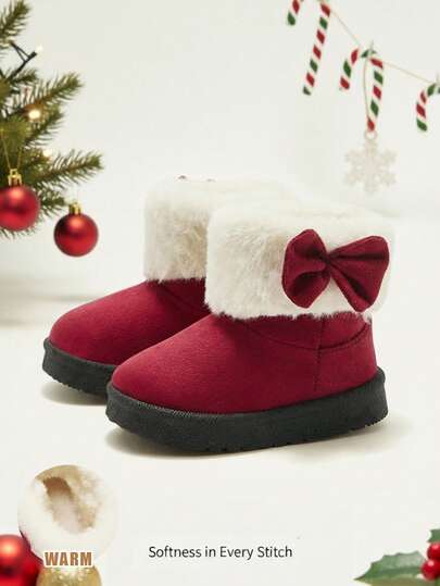 Cozy Pixies 1 Pair Girls' Fashionable Burgundy Fluffy Warm Casual Snow Boots, Comfortable For Daily Wear, Sports, Autumn/Winter, Bow Decor, Suitable For Christmas & Holiday