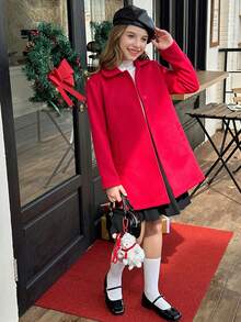 Elladie kids Áo khoác tay dài cài nút màu đỏ dễ thương, giản dị dành cho bé gái tuổi teen, chất liệu len đỏ tối giản, phong cách thu đông - Đỏ - Xem 3