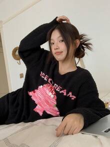 DAZY Christmas Tree Pattern Loose Long Sleeve Top & Pants 2 Pieces Pajama Set For Women, Autumn/Winter Thermal Lined, Cozy Clothes - Black - View 4