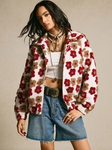 SoleilVie 女式宽松落肩花卉印花大衣 - 紅白色 - 查看 4