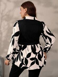 EMERY ROSE Plus Size Women Floral Print Patchwork Knit Casual Top, Autumn/Winter - Apricot - View 2