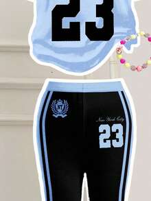 SHEIN Happikins Young Girl 2 Pieces Set:Blue New York Number 23 Striped Jersey Graphic T-Shirt & Flare Pants Summer Outfits,Back-To-School Sport Casual Wear - Multicolor - View 4