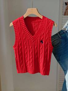 Comfortcana 秋季简约时尚休闲女式红色毛衣背心，情人节，圣诞节 - 紅色 - 查看 5