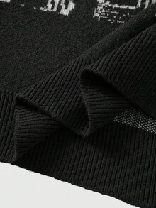 ROMWE MEN Áo len nam dáng rộng phong cách Gothic dệt jacquard với họa tiết kiến trúc và cây cối, thích hợp cho mùa thu/đông, tay dài. - màu đen - Xem 5