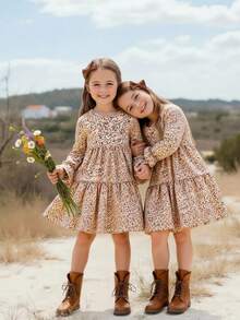 SHEIN Emery Rose Kids 年轻女孩碎花圆领泡泡袖修身休闲蛋糕 A 字连衣裙，秋冬，日常穿着，学校 - 卡其色 - 查看 4