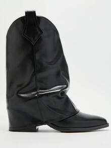 Solezae 女士日常休闲舒适尖头粗跟休闲翻领中筒靴 - 黑色 - 查看 5