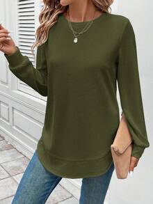 SHEIN LUNE Moletom feminino casual confortável com gola redonda e bainha assimétrica, textura waffle, blusa básica verde-oliva, blusa feminina de manga comprida, blusa de cor sólida, blusa verde de manga comprida, roupas de outono e inverno para mulheres
