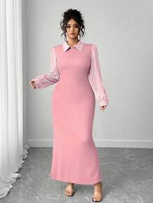 Elenzga Vestido elegante, casual y romántico para mujer de talla grande con cuello de pata de gallo, parches y cintura fruncida - Rosa - Ver 4