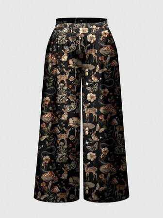 Fairycore Pantaloni larghi e morbidi da donna taglie forti con disegni bohémien gotici di cervi, conigli e funghi