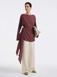 Aalyst Women's Linen Twill Street Style Vacation Office Commute Casual Off-Shoulder Loose A-Line Waist Tie Long Shirt Blouse, Spring/Autumn/Winter - Burgundy - View 3