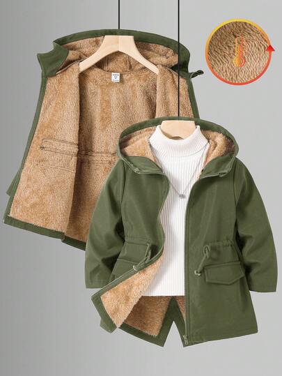 SHEIN Young Boys Casual Everyday Versatile Comfortable Thermal Lined Hooded Thick Woven Solid Color Jacket, Suitable For School, Garden, Beach, Birthday, Spring, Summer, Fall, Winter