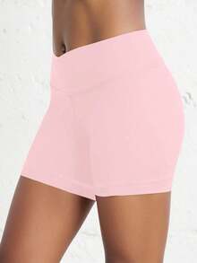 SHEIN Tween Girls Solid Color Casual Legging Shorts, High Waist, 4-Way Stretch, High Elasticity, Suitable For Activewear, Cycling, Running, Training - Pink - View 3