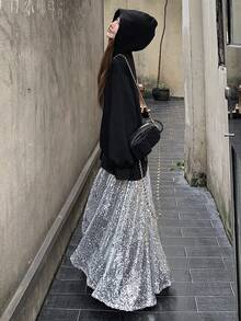 DAZY 女士休闲时尚街头宽松落肩连帽亮片下摆中长卫衣连衣裙，春秋季闪亮连衣裙 - 黑色 - 查看 6