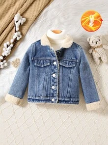2025 Autumn/Winter New Boys Denim Jackets,Sherpa Lining Thermal Thick Denim Jacket,Vintage Washed Blue Slim Fit Kids Jeans Jacket,Back To School - Medium Wash - View 2