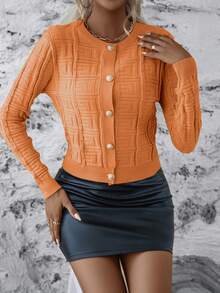 EMERY ROSE Women's Casual Commuter Lightweight Cardigan, Solid Color Greek Fret Knit, Autumn - Burnt Orange - View 6