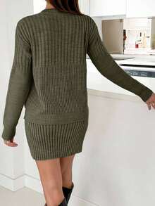 EURMUSE Casual Rib Knit Sweater & Mini Rib Knit Sweater Skirt Co-Ords - Olive Green - View 2
