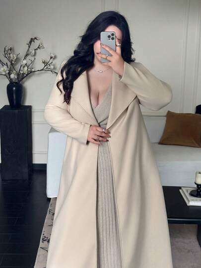 Vibekara Abrigo/chaqueta de manga larga con cinturón, cuello asimétrico, estampado floral grueso, talla grande, color beige