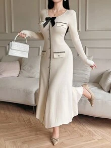 DAZY Women's Elegant Colorblock Bow Decor Faux Pocket Sweater Dress, Autumn - Beige - View 6