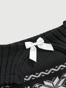 ROMWE Kawaii Christmas Cute Off Shoulder Dropped Shoulder Snowflake & Reindeer Pattern Puff Sleeve Plus Size Sweater - Black - View 4