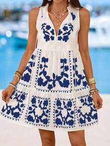 Sylviya 女士休闲蓝白碎花印花无袖迷你连衣裙，日常百搭连衣裙，适合演唱会、锐舞派对、夏季节日、毕业典礼、度假、海滩等各种场合，也适合音乐节、波西米亚风、朋克风、派对、Y2K风、西部风等各种风格。 - 藍白色 - 查看 6