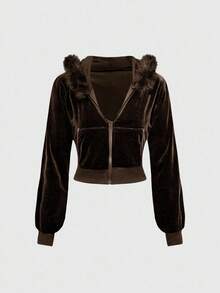 ROMWE Grunge Punk Y2K Velvet Crop Top Hoodie & Flare Pants 2 Pieces Set For Women - Coffee Brown - View 2