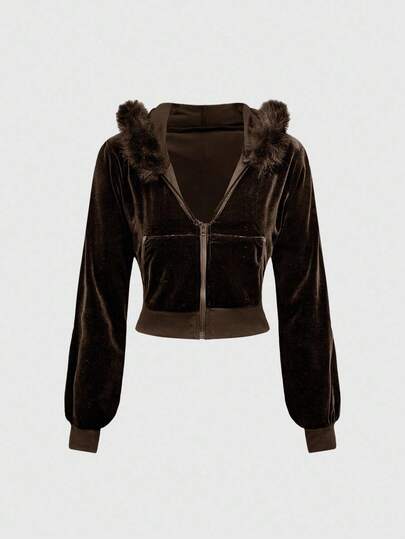 Grunge Punk Ensemble 2 pièces Top court à capuche en velours et pantalon évasé pour femmes, style Y2K