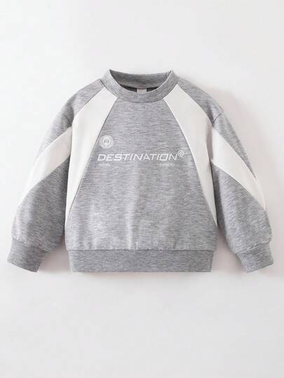 SHEIN Playful Pals Young Boy Casual Fashion Letter Print Color Block Round Neck Sweatshirt, Suitable For Autumn/Winter