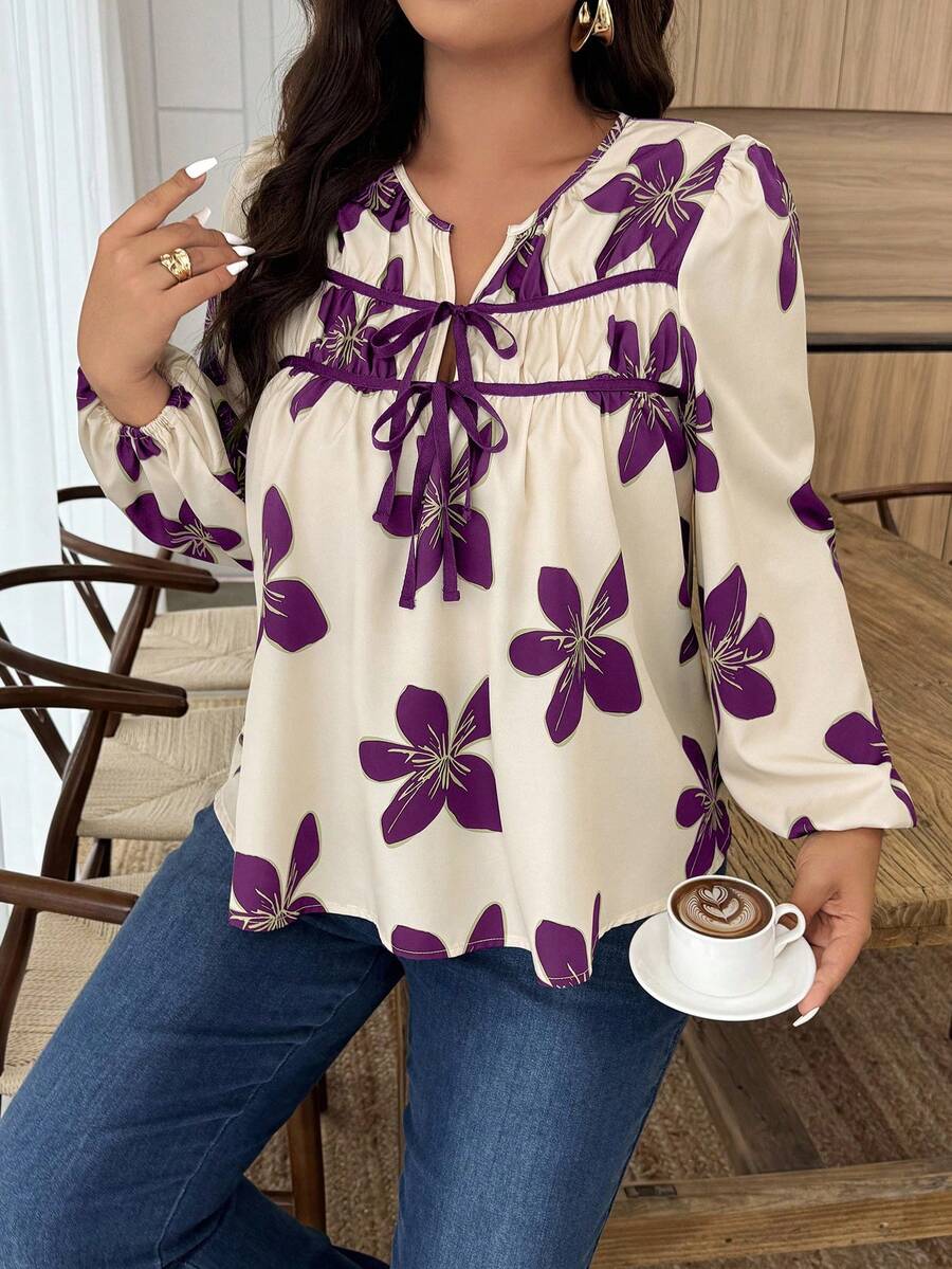 Weeklong Plus Size Women Floral Print Tie Front Lantern Sleeve Fashion Blouse - Multicolor - View 1