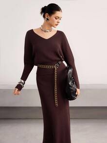 Heiryn Women's Elegant Solid Color Batwing Sleeve Sweater And Knit Skirt 2 Pieces Set, Autumn/Winter - Rust Brown - View 3