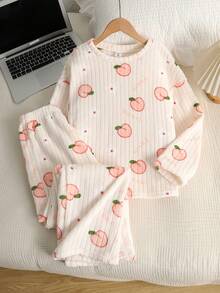 SHEIN 青少年女孩宽松休闲简约舒适桃色图案圆领套头衫和裤子羊毛厚睡衣套装 - 彩色 - 查看 1