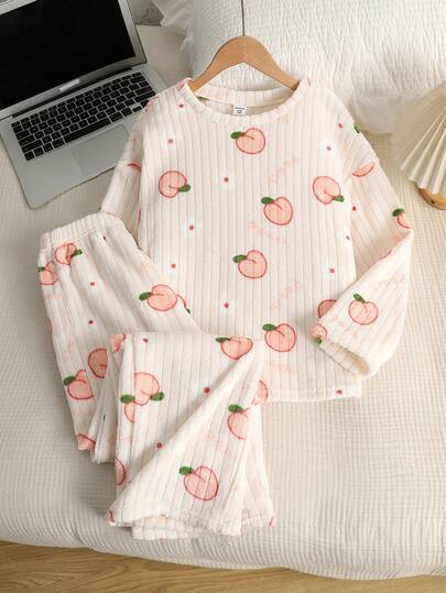 SHEIN 青少年女孩宽松休闲简约舒适桃色图案圆领套头衫和裤子羊毛厚睡衣套装