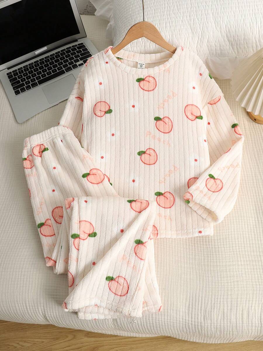 SHEIN 青少年女孩宽松休闲简约舒适桃色图案圆领套头衫和裤子羊毛厚睡衣套装 - 彩色 - 查看 1