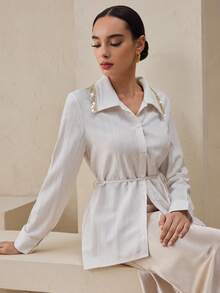 Graceveil Blusa de manga larga con cuello de tela texturizada, adecuada para el atuendo de mujeres árabes, otoño - Beis - Ver 7