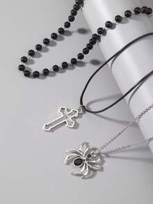 ROMWE 3pcs Gothic Dark Glass Crystal Cross, Heart Pendant Necklace, Personalized Hip Hop Multilayer Necklace For Women, Holiday Gift, Halloween - Silver - View 3