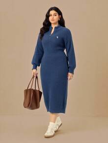 Juhart 大码女式纯色针织连衣裙，带海马图案，休闲毛衣裙，适合圣诞节、万圣节、返校季 - 寶藍色 - 查看 3