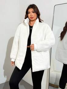 Enliva Melanieangelese Plus Size Women Casual Warm Zip-Up Stand Collar Loose Jacket, Autumn/Winter, For Apple Rounded Body Shape - White - View 4