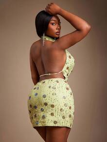 SHEIN SXY Plus Size Women's Sequin Embroidered Shiny Fabric Deep Draped Neck Fitted Mini Dress, Suitable For Banquet, Party