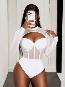 BamGleam Bộ đồ liền thân tay dài bán trong suốt khoét rỗng gợi cảm nâng ngực cho nữ, mùa thu - trắng - Xem 6