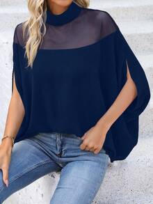 EMERY ROSE 女士时尚高领网眼拼接透视开衩蝙蝠袖宽松衬衫 - 藏蓝色 - 查看 4