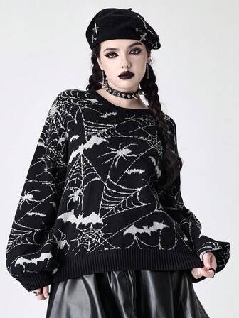 Damen Gothic Spinnennetz & Fledermaus Jacquard Muster Pullover