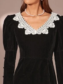 Enchnt Women's Black And White Contrast Lace V-Neck Gigot Sleeve Elegant Velvet Mini Dress,Autumn Fall/Winter Chic&Elegant For Dining&Party Dress - Black - View 2