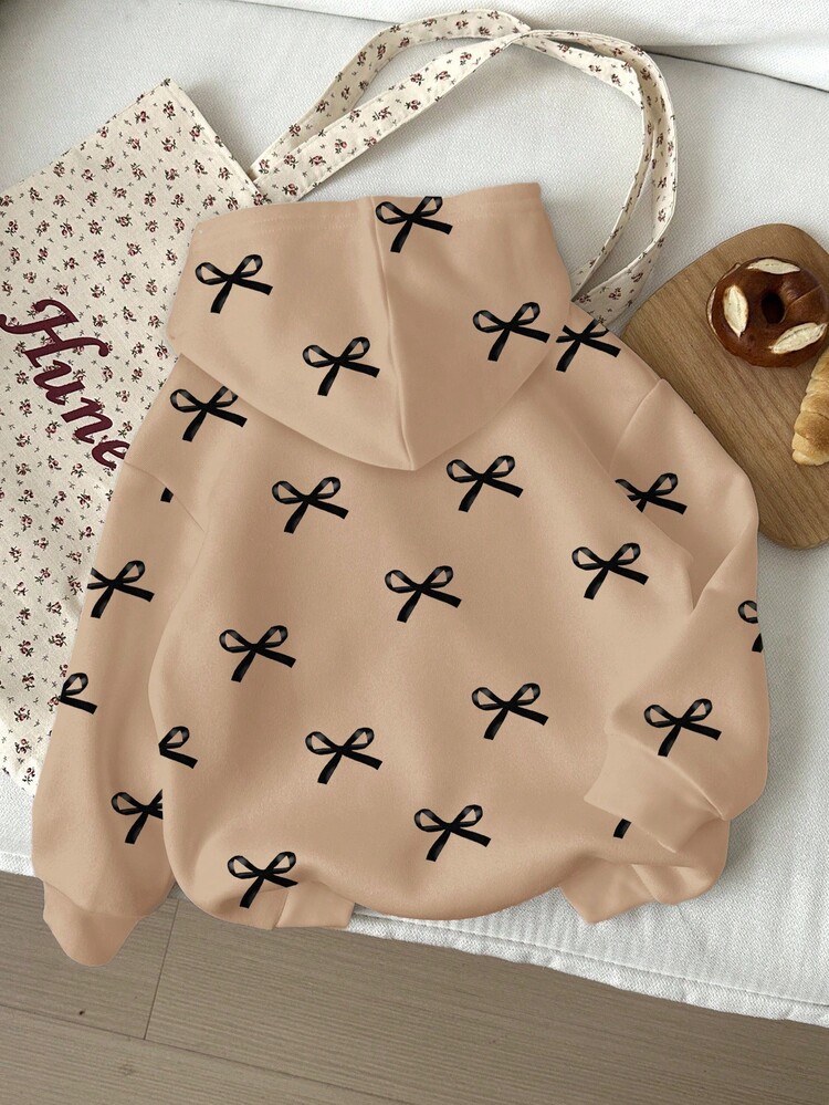 可爱蝴蝶结印花，少女休闲宽松圆领舒适日常针织长袖卫衣，适合秋冬季节穿着。蝴蝶结卫衣，蝴蝶结上衣，女童蝴蝶结上衣 - 彩色 - 查看 2