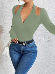 SHEIN Unity 女式纯色镂空设计性感长袖紧身衣 - 綠色 - 查看 3