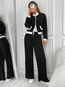 EMERY ROSE Bộ 2 món áo khoác và quần dài khóa kéo phía trước màu tương phản mùa thu dành cho nữ - màu đen - Xem 4