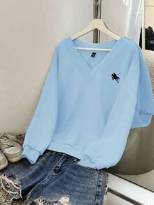 SHEIN EZwear 女士休闲花卉印花超大V领宽松运动衫，浅蓝色和深灰色，适合秋冬季 - 淺藍色 - 查看 2