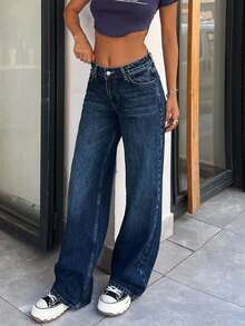 SHEIN Tall 100% Cotton Low Waist Wash Detailed Wide Leg Jean - Light Wash - View 9