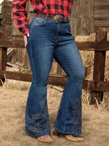 EMERY ROSE Plus Size Women Navy Vintage Embroidered Flare Jeans - Dark Wash - View 7