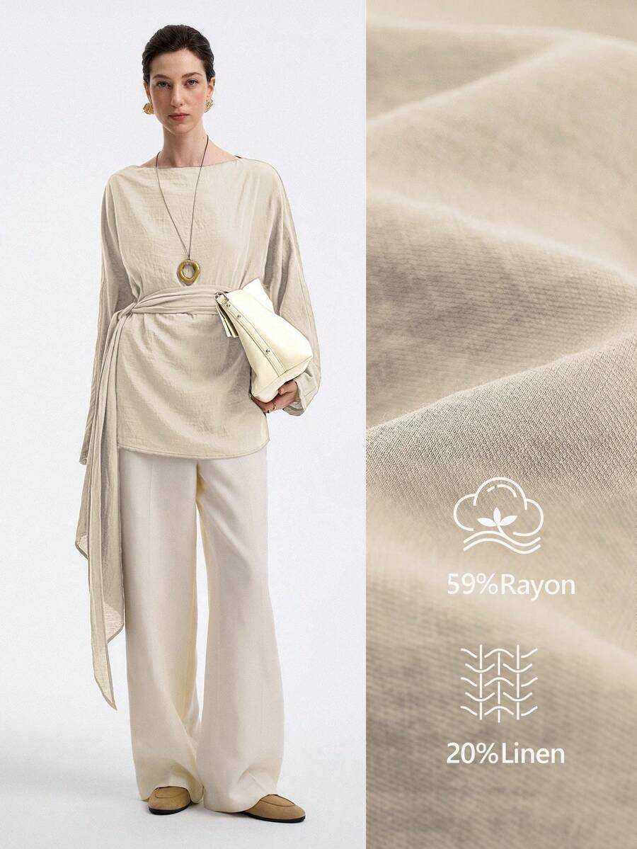 Aalyst Áo sơ mi dài tay vải lanh chéo phong cách đường phố, đi làm, đi chơi, đi học, thường ngày, trễ vai, dáng chữ A, thắt eo, mùa xuân/thu/đông - Màu be - Xem 1